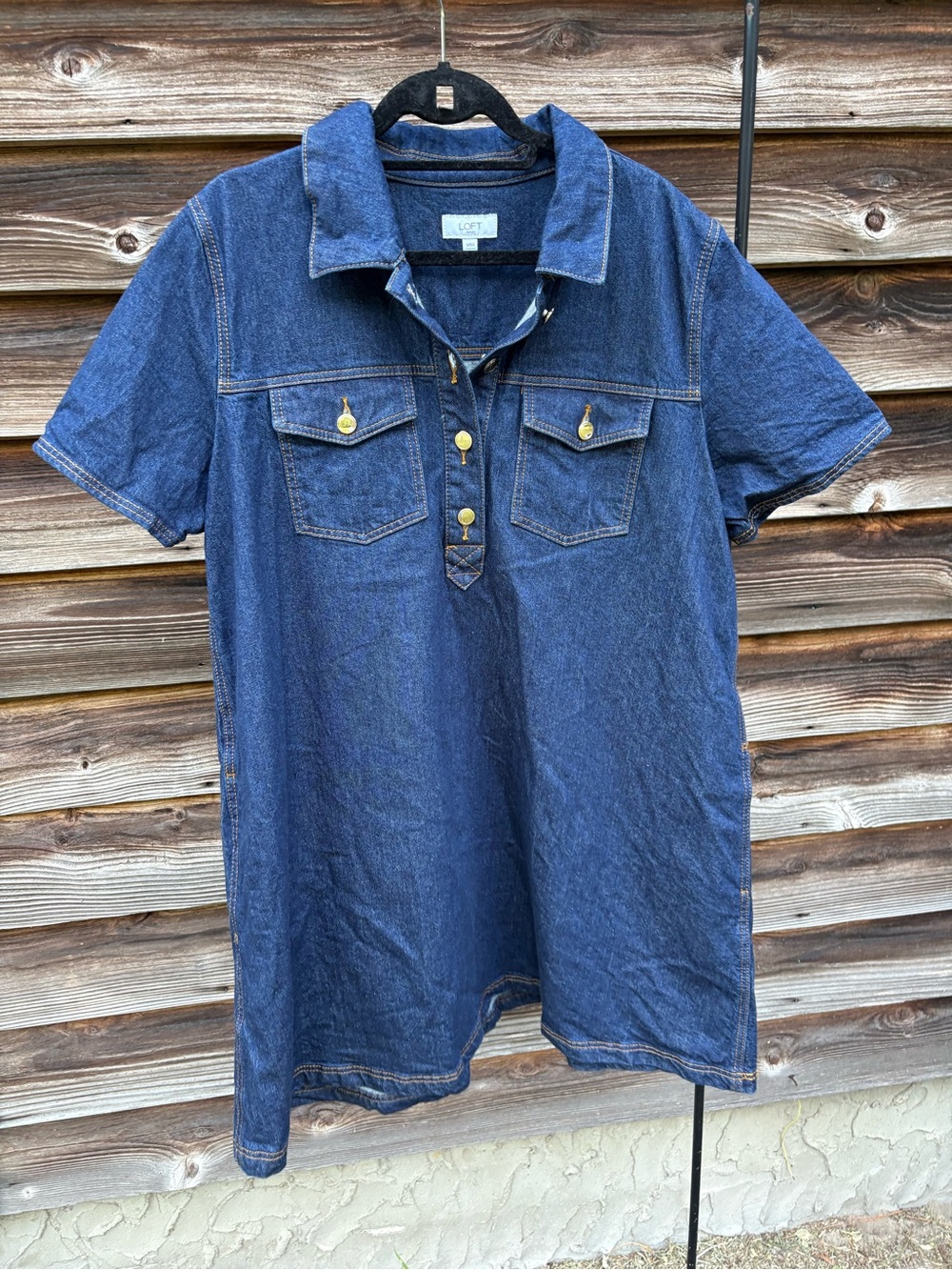 LOFT Outlet  Blue Denim Button-Down Short Sleeve Shirt Dress